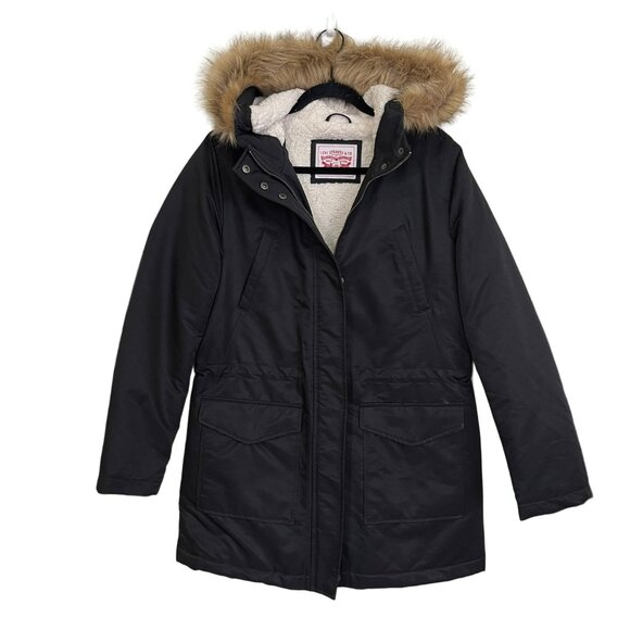 Levi's Coated Cotton Parka Sherpa Faux Fur Hooded Drawstring Jacket Med - Picture 1 of 6